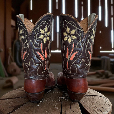 Women’s Size 5.5 M - 1950’s Justin Cowboy Western Boots Inlays Cloth Pulls