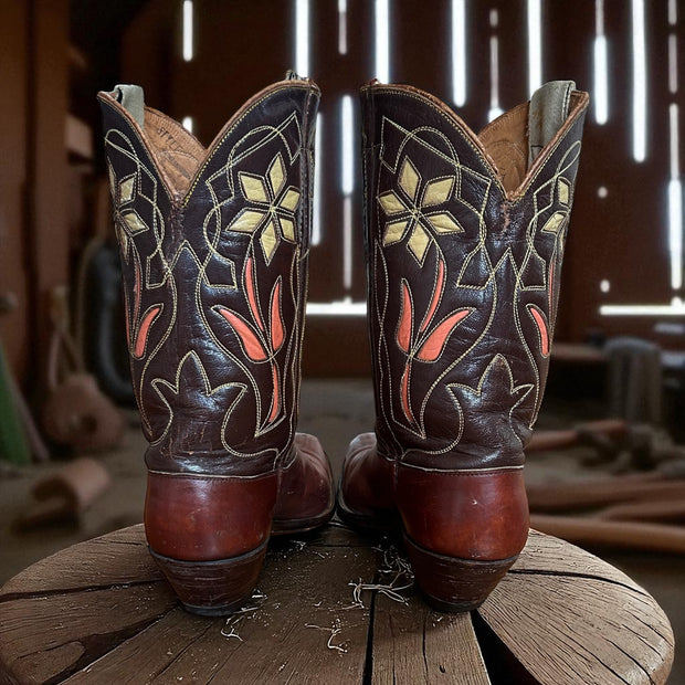 Women’s Size 5.5 M - 1950’s Justin Cowboy Western Boots Inlays Cloth Pulls