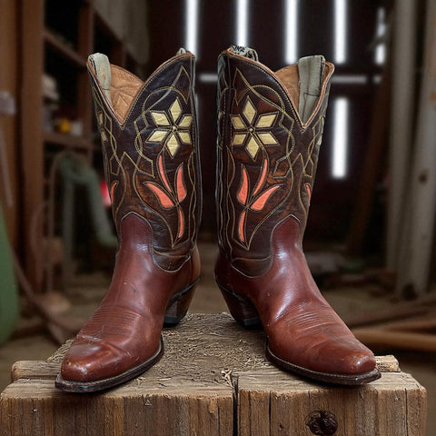 Women’s Size 5.5 M - 1950’s Justin Cowboy Western Boots Inlays Cloth Pulls