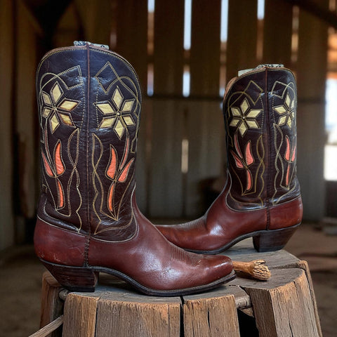 Women’s Size 5.5 M - 1950’s Justin Cowboy Western Boots Inlays Cloth Pulls