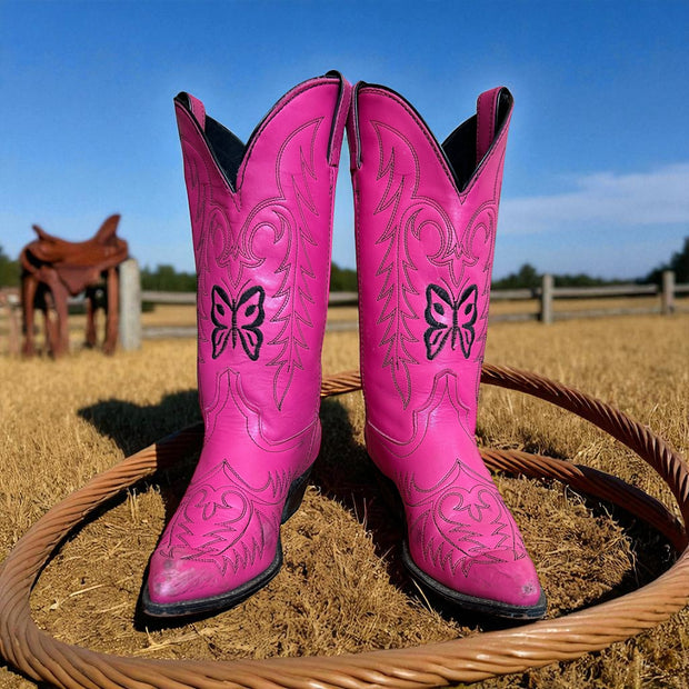 Women’s Size 7.5 M - Vintage Cowboy Western Boots Pink Butterfly Embroidered