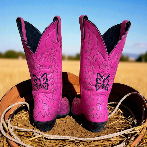 Women’s Size 7.5 M - Vintage Cowboy Western Boots Pink Butterfly Embroidered