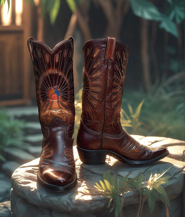 Men’s Size 8.5 EE - Vintage Texas Cowboy Western Boots Peacock Design