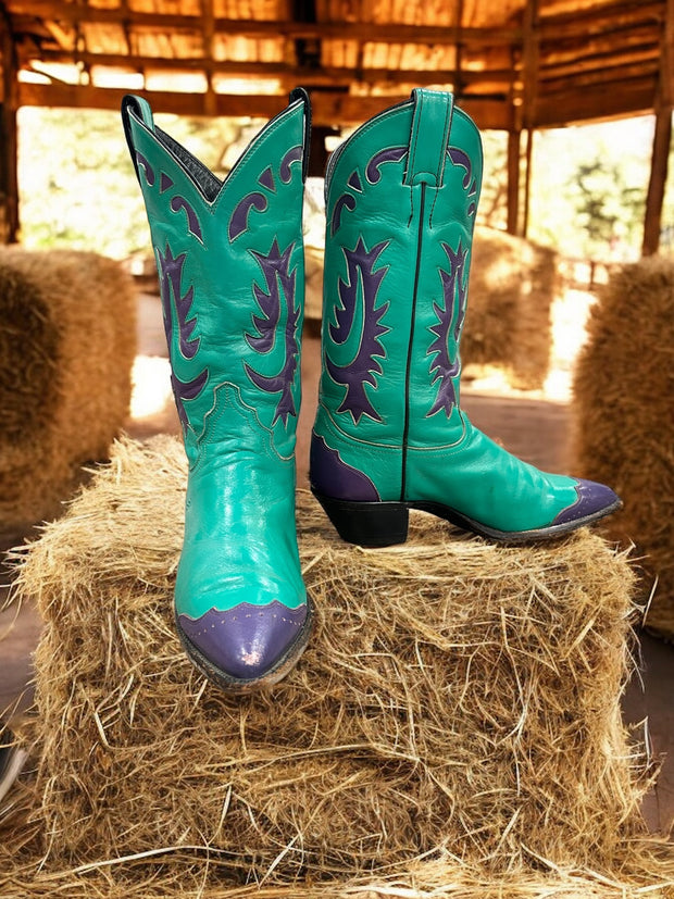 Women’s Size 7.5 B - Justin Vintage Cowboy Western Boots Green With Purple Inlays