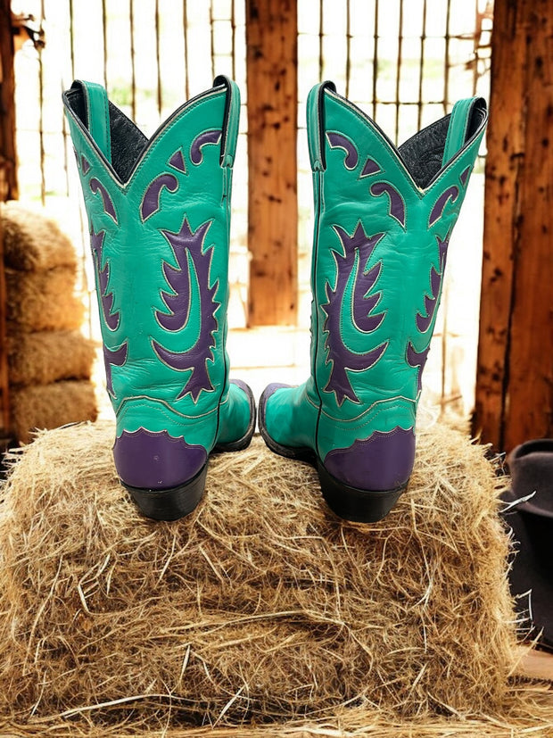 Women’s Size 7.5 B - Justin Vintage Cowboy Western Boots Green With Purple Inlays