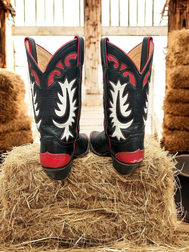 Women’s Size 7 B - Justin Vintage Cowboy Western Inlay Boots Red Wingtips