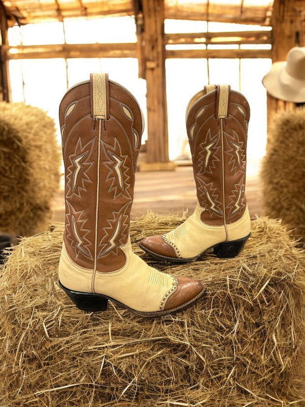 Women’s Size 6.5 M - 1960’s Tony Lama Tall Cowboy Western Boots Unique Inlay Design