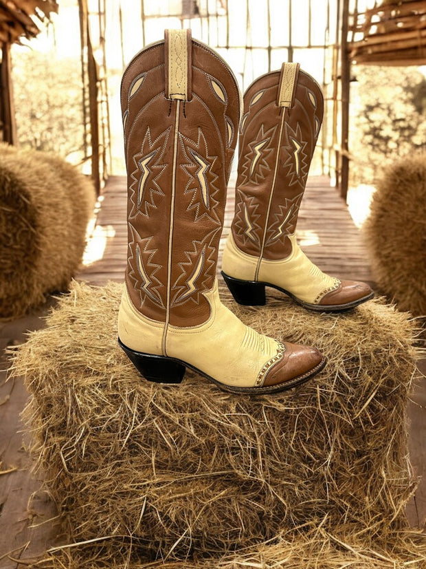 Women’s Size 6.5 M - 1960’s Tony Lama Tall Cowboy Western Boots Unique Inlay Design