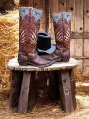 Men’s Size 9.5 D - 1950’s Justin Tall Stovepipe Cowboy Western Boots Unique Inlay Design