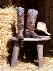 Men’s Size 9.5 D - 1950’s Justin Tall Stovepipe Cowboy Western Boots Unique Inlay Design