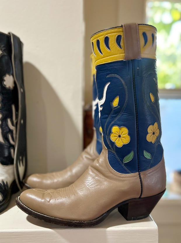 1990s · Caboots or Austin Hall · “Longhorn & Yellow Bloom” Inlay Boots · Men’s 8 D