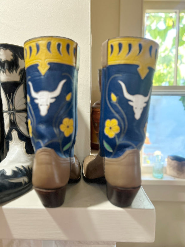 1990s · Caboots or Austin Hall · “Longhorn & Yellow Bloom” Inlay Boots · Men’s 8 D