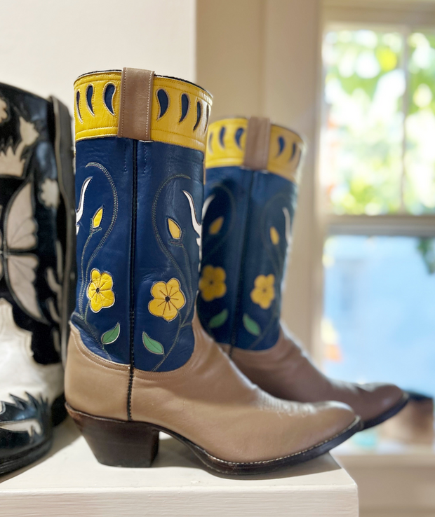 1990s · Caboots or Austin Hall · “Longhorn & Yellow Bloom” Inlay Boots · Men’s 8 D