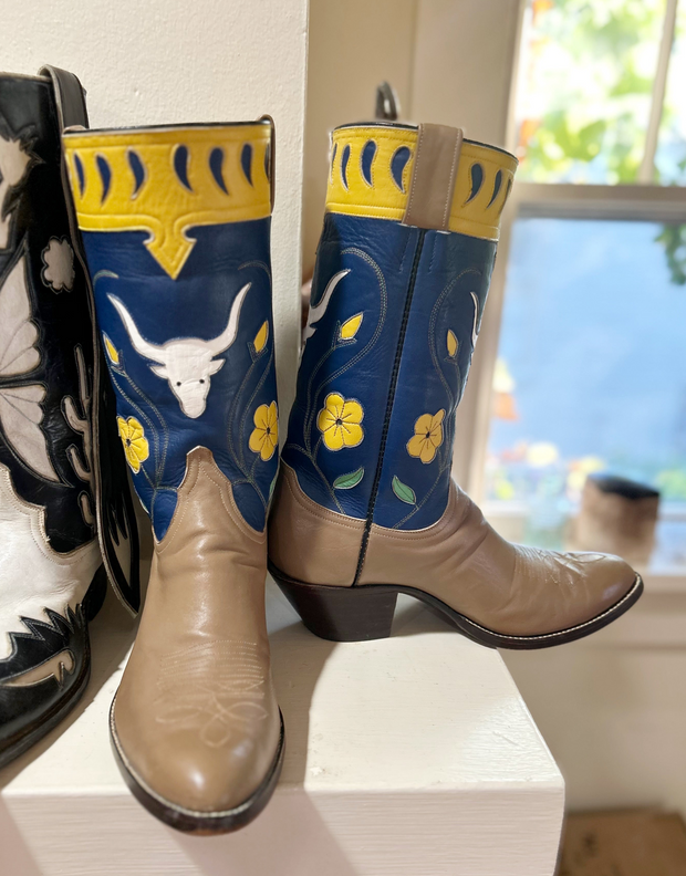 1990s · Caboots or Austin Hall · “Longhorn & Yellow Bloom” Inlay Boots · Men’s 8 D