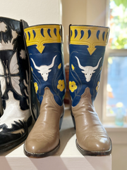 1990s · Caboots or Austin Hall · “Longhorn & Yellow Bloom” Inlay Boots · Men’s 8 D