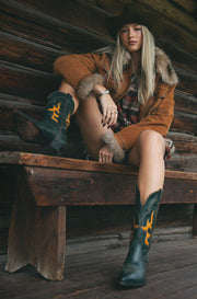 Men’s Size 8.5 D - Nocona Vintage Cowboy Western Boots Dark Green Yellow Inlays