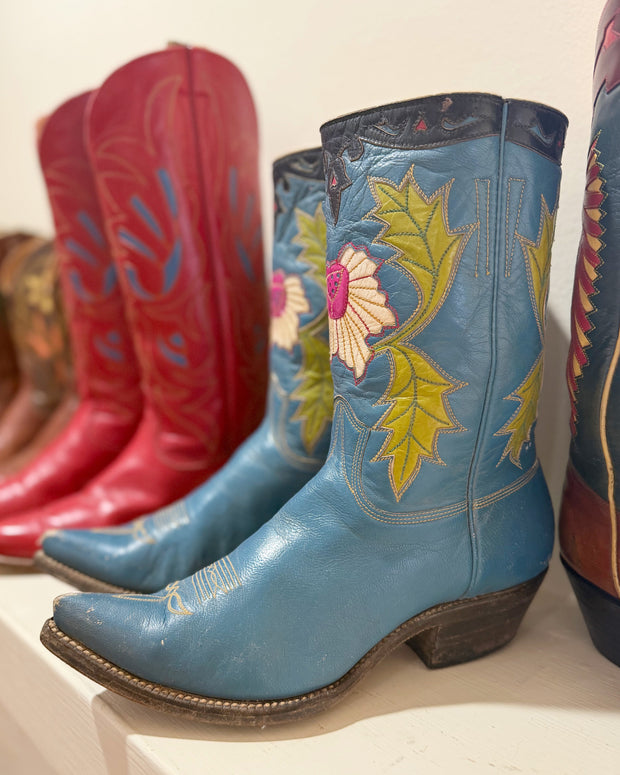 1950s • Stewart Romeros • “Wildflower Blue” Inlay Boots • Women’s 8 M