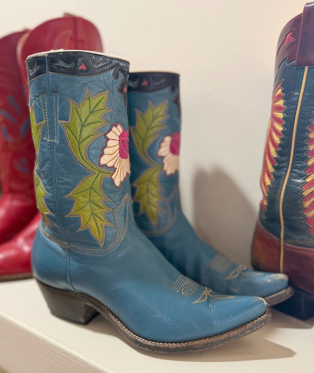 1950s • Stewart Romeros • “Wildflower Blue” Inlay Boots • Women’s 8 M