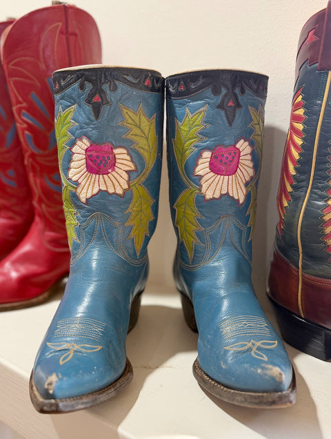 1950s • Stewart Romeros • “Wildflower Blue” Inlay Boots • Women’s 8 M