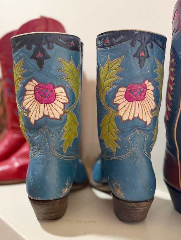 1950s • Stewart Romeros • “Wildflower Blue” Inlay Boots • Women’s 8 M