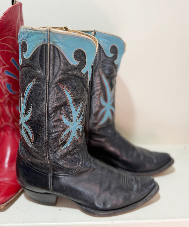 1950s • Tony Lama • Navy & Turquoise Starburst Inlays • Men’s 9.5 D