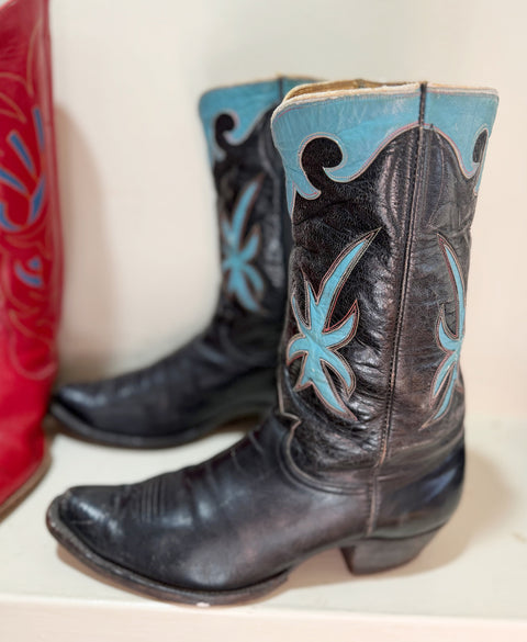 1950s • Tony Lama • Navy & Turquoise Starburst Inlays • Men’s 9.5 D