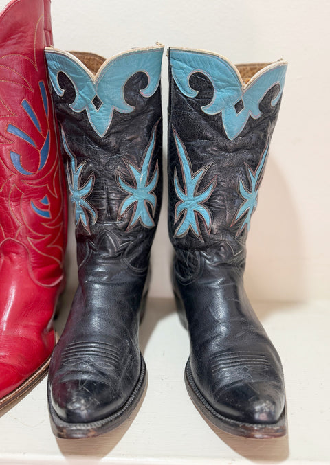 1950s • Tony Lama • Navy & Turquoise Starburst Inlays • Men’s 9.5 D