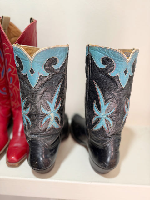 1950s • Tony Lama • Navy & Turquoise Starburst Inlays • Men’s 9.5 D