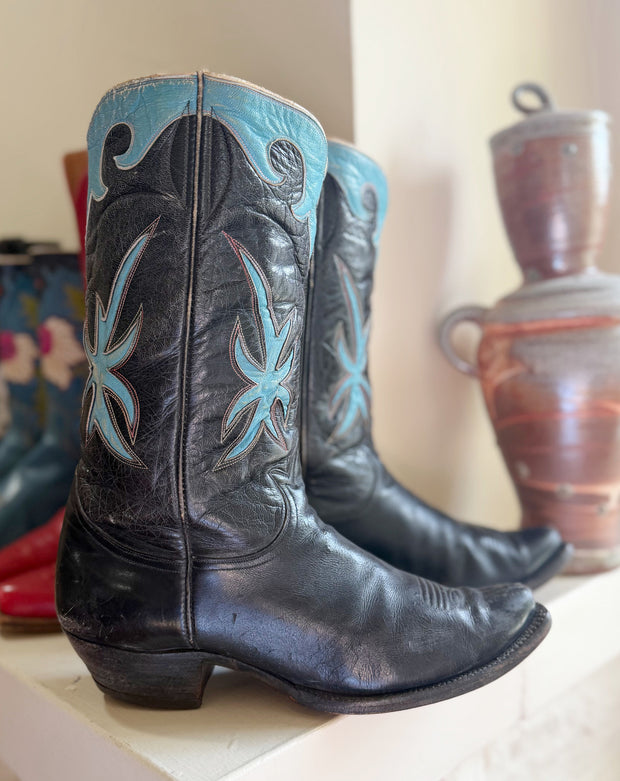 1950s • Tony Lama • Navy & Turquoise Starburst Inlays • Men’s 9.5 D
