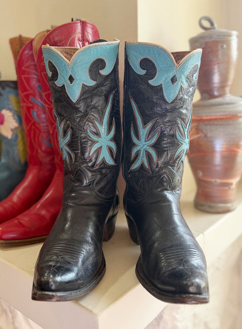 1950s • Tony Lama • Navy & Turquoise Starburst Inlays • Men’s 9.5 D