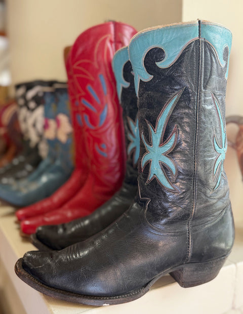 1950s • Tony Lama • Navy & Turquoise Starburst Inlays • Men’s 9.5 D