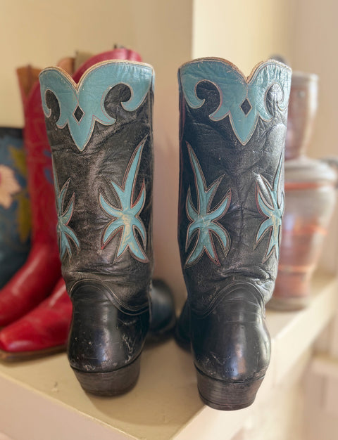 1950s • Tony Lama • Navy & Turquoise Starburst Inlays • Men’s 9.5 D