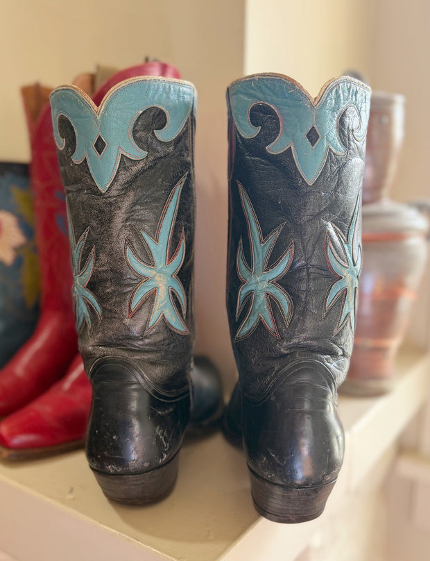 1950s • Tony Lama • Navy & Turquoise Starburst Inlays • Men’s 9.5 D