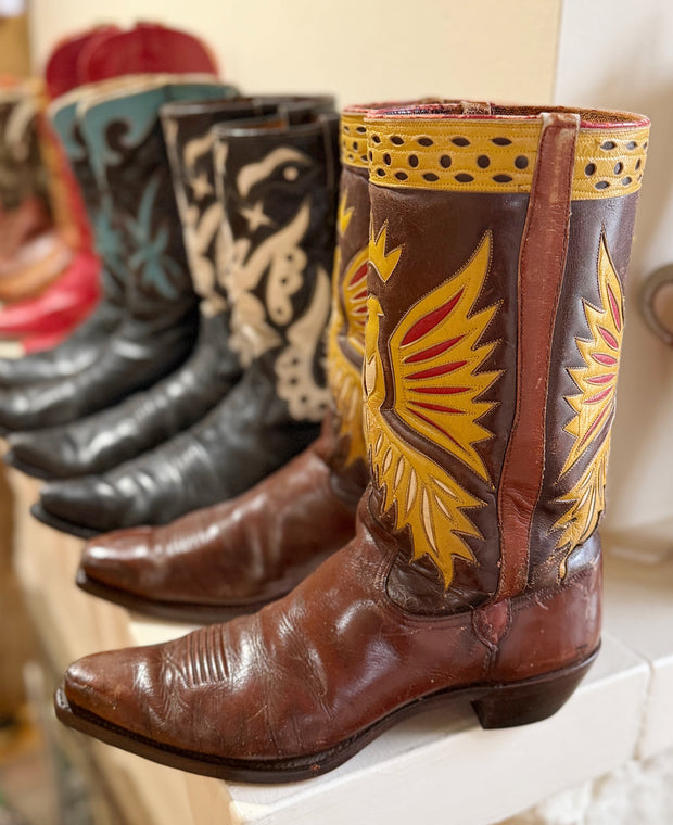 1950s • Unkown Maker • “Gold Phoenix” Inlay Boots — Men’s 10 D