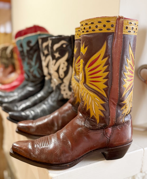 1950s • Unkown Maker • “Gold Phoenix” Inlay Boots — Men’s 10 D