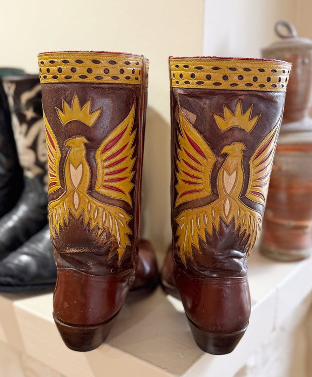 1950s • Unkown Maker • “Gold Phoenix” Inlay Boots — Men’s 10 D
