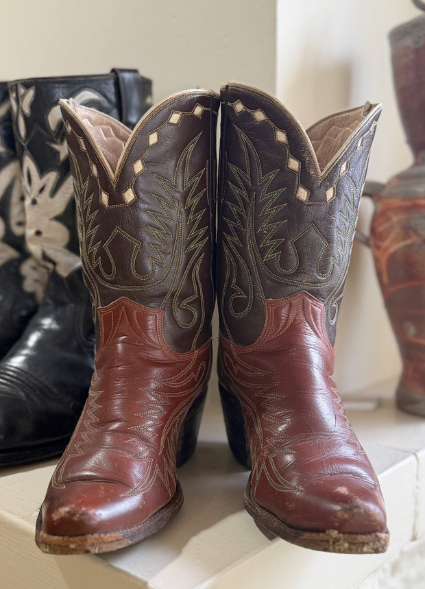 1950s • Stewart Romero• Two-Tone Stitch-Flame Cowboy Boots — Women’s 6.5 M