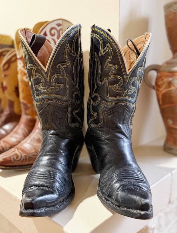 1950s • Stewart Romero • Black Stitch-Flame Boots — Women’s 7 M