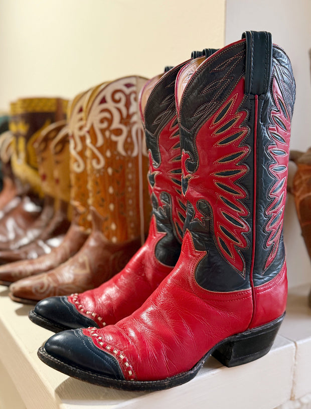 1970s Tony Lama Red-Black Eagle Inlays — Women’s 7.5 M