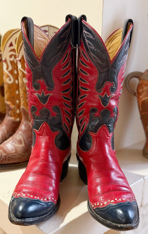 1970s Tony Lama Red-Black Eagle Inlays — Women’s 7.5 M