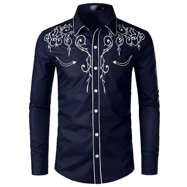 Men Casual Slim Fit Long Sleeve Shirts Mens Western Cowboy Embroidery Shirts