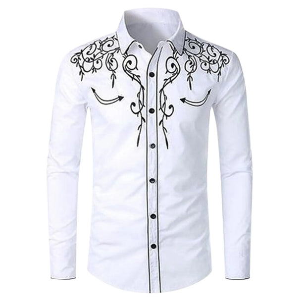 Men Casual Slim Fit Long Sleeve Shirts Mens Western Cowboy Embroidery Shirts