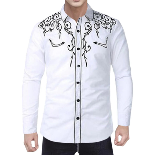 Men Casual Slim Fit Long Sleeve Shirts Mens Western Cowboy Embroidery Shirts