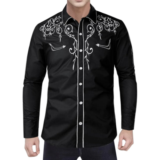 Men Casual Slim Fit Long Sleeve Shirts Mens Western Cowboy Embroidery Shirts